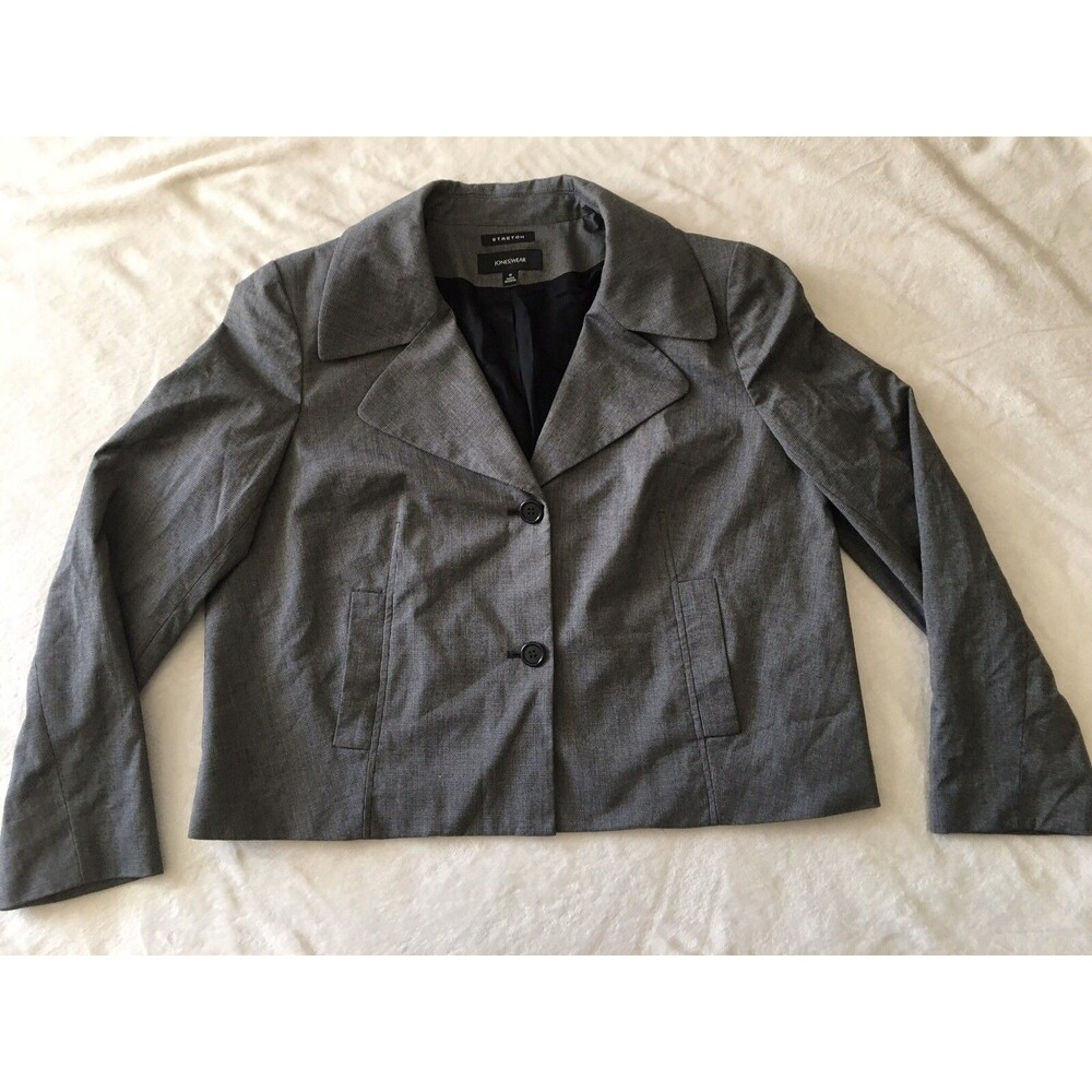 Jones Wear Stretch Lined Suit Blazer Jacket Black Check 2 Button SZ 14